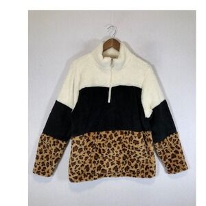 Cozy Leopard Le Moda Women XL Multicolor Colorblock Sherpa Quarter‎ Zip Pullover